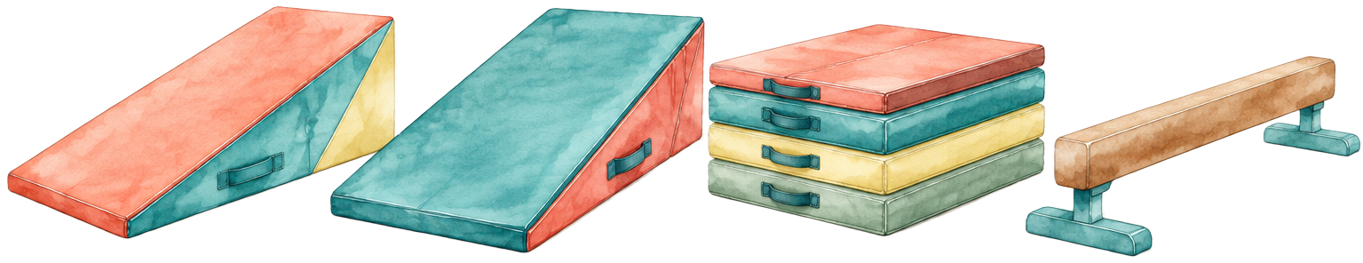 Tumble wedges, mats and a balance beam